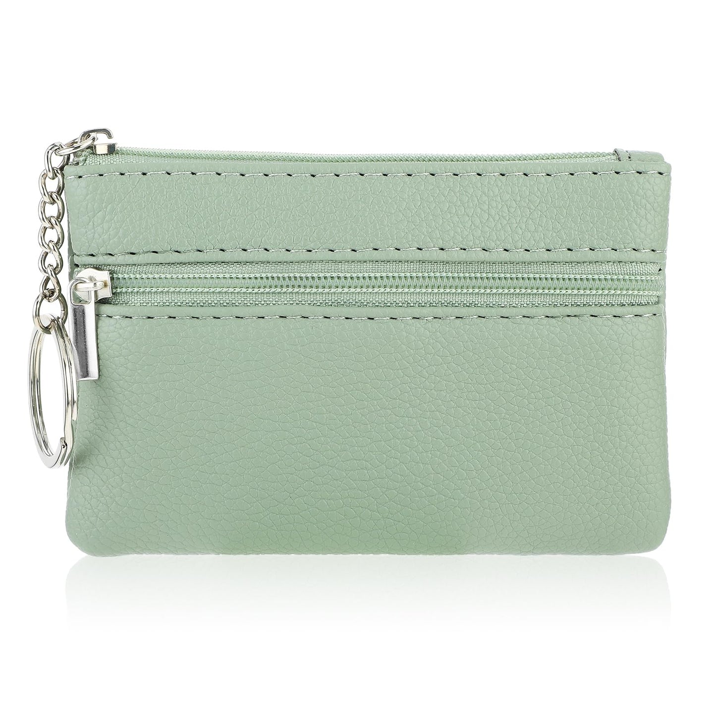 simarro Women Coin Purse, Solid PU Lychee Pattern Zip Mini Coin Purse with Key Ring Portable Change Wallet Mini Coin Pocket for Women Double Zipper Card Holder Wallet (Fantasy Green)