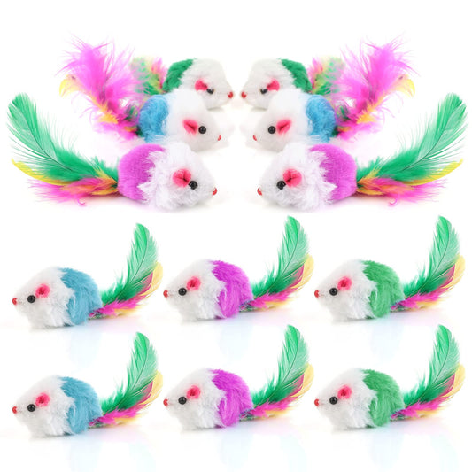 Molain 12 Pieces Cat Mice Toys, Furry Cat Toy Interactive Toys Cat Mouse Animals Toys for Indoor Cats and Kittens