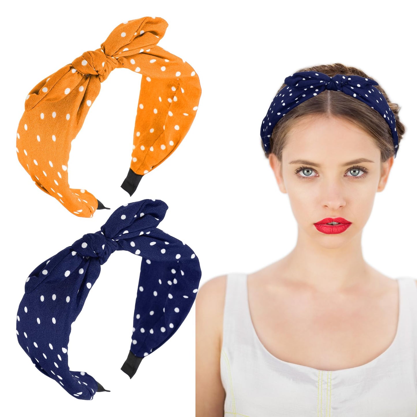 XLIUAX Pack of 2 Polka Dots Women's Headbands, Rabbit Ears, Hair Bands, Women, Non-Slip Headwear, Elastic Knotted Bows, Headbands, Vintage Hair Accessories, Halloween (Blue Yellow)
