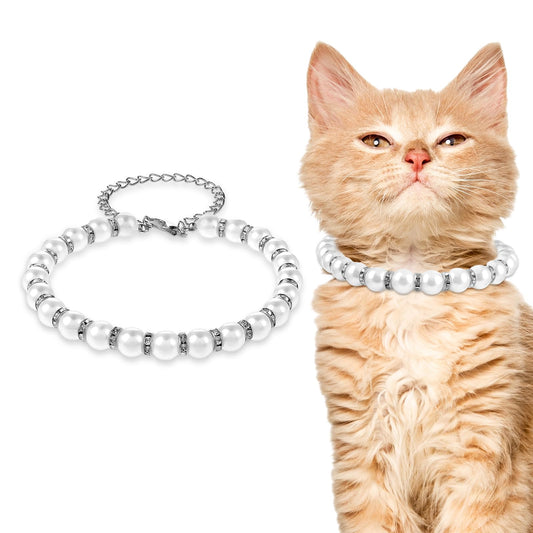 Amabro Dog Cat Pearl Collar, Bling Rhinestones Cat Necklace Collar Cute Pearl Crystal Dog Collar Shiny Pearl Diamond Adjustable Cat Chain Jewelry for Puppy Kitten Wedding Birthday Party(Silver,L)