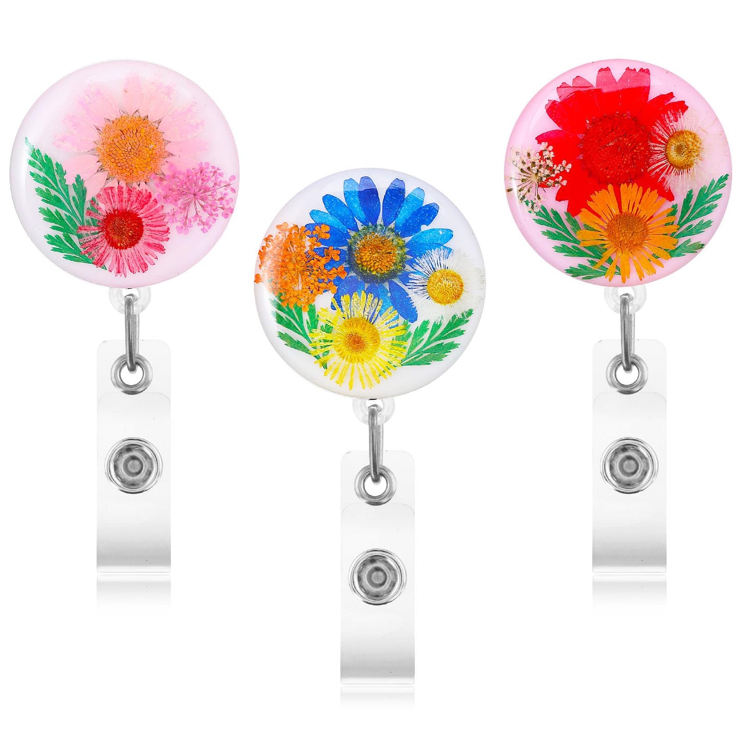 cobee Dried Flower Retractable Badge Reel, 3 Pieces Aesthetics ID Card Badge Holder Reels Resin Floral Badge Clip Cute ID Name Card Holders for Nurse Doctor Teacher(B)