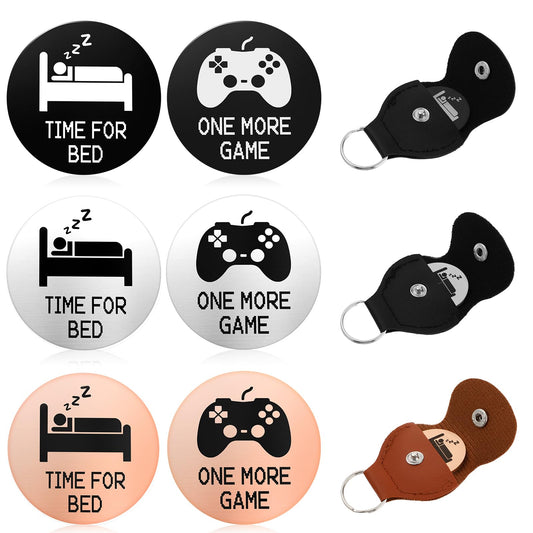 Amaxiu Funny Decision Maker Coins, 3pcs Novelty Destiny Flip Coins with Leather Keychains Pocket Hug Token Gifts for Game Lovers Men Women, One More Game/Time for Bed(Rose Gold, Silver, Black)