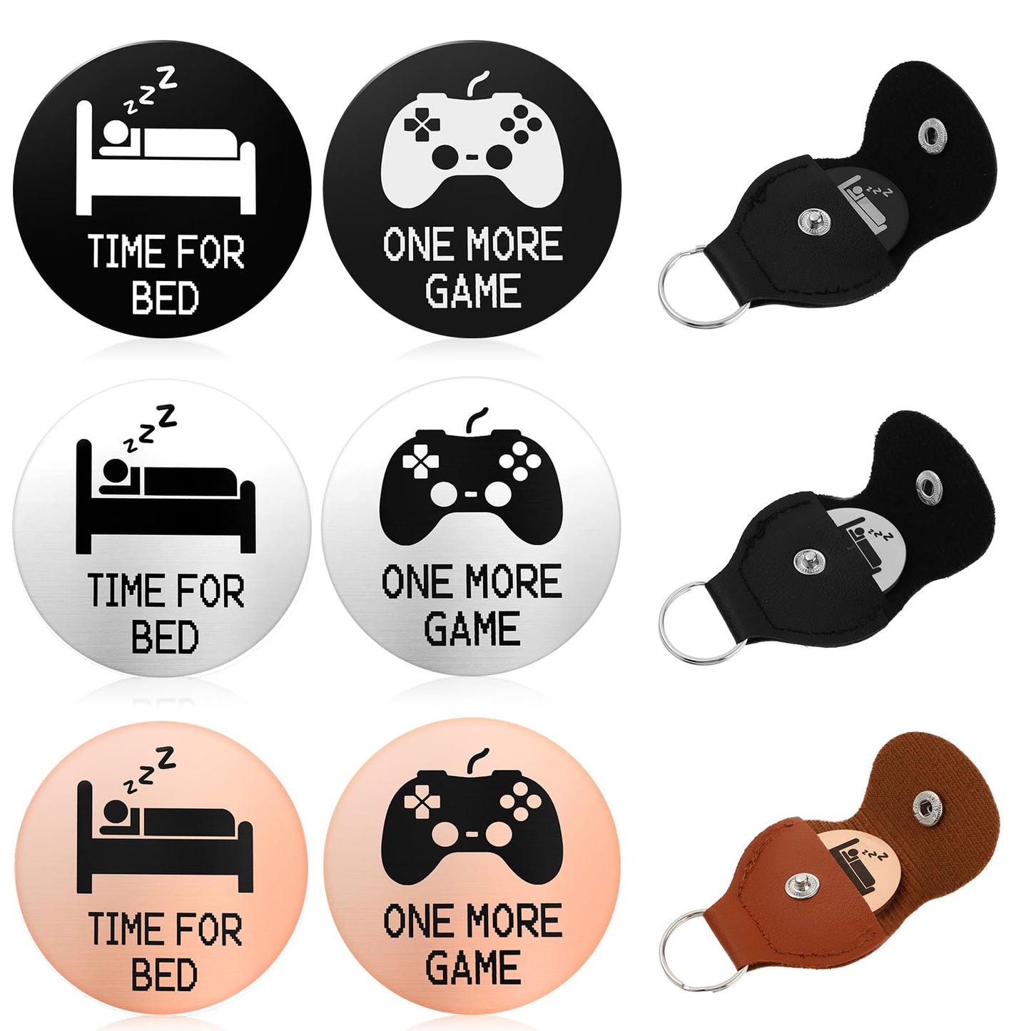 Amaxiu Funny Decision Maker Coins, 3pcs Novelty Destiny Flip Coins with Leather Keychains Pocket Hug Token Gifts for Game Lovers Men Women, One More Game/Time for Bed(Rose Gold, Silver, Black)