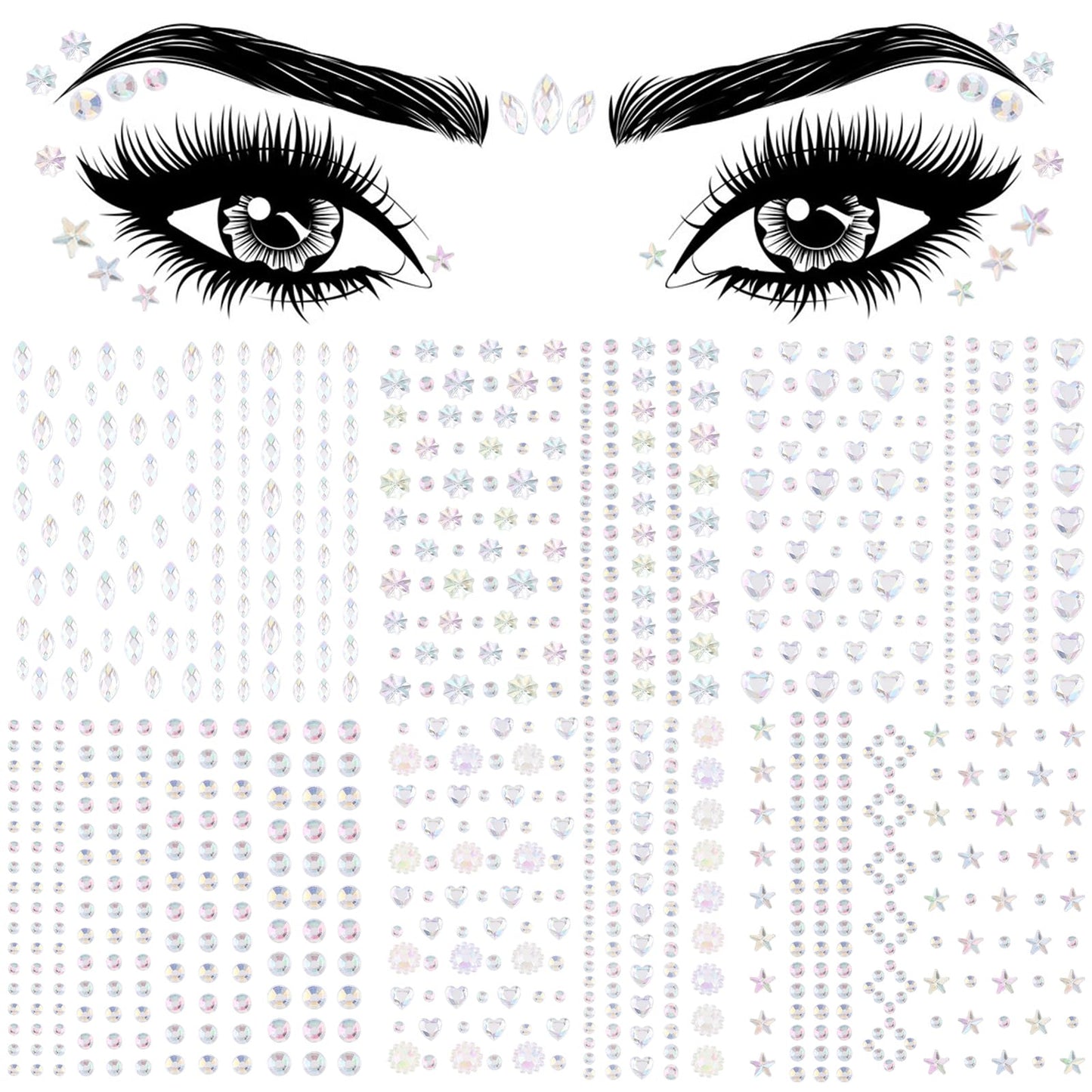 simarro 6 Sheets Self Adhesive Rhinestones Face Gems, Face Gems Stick On Eye Jewels, Makeup Body Temporary Face Gems for Women Face Eyes Makeup Body Hair