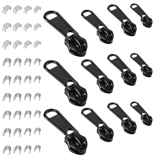 Andibro Zipper Repair Kit, 12 Pcs Thickened Zipper Pulls Replacement Set Removable Nylon Coil Zippers Puller Fixer Zip Sliders Clip Metal Zipper Extension with Bottom Stop&Top Stop#3#5#8#10(Black)