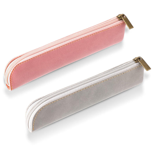 Amaxiu Slim PU Leather Pen Pencil Pouch, 2 Pcs Handcrafted Small Fountain Pen Holder Luxury Pen Case Thin Zipper Stationery Bag Vintage Pencil Organizer(Grey+Pink)