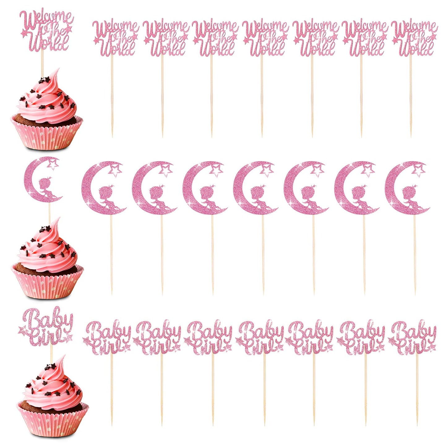 TIESOME Glitter Baby Shower Cupcake Toppers, 24 Pieces Birthday Cupcake Picks for Baby Gender Reveal Baby Party Cupcake Decorations Supplies with Moon Star (Girl)