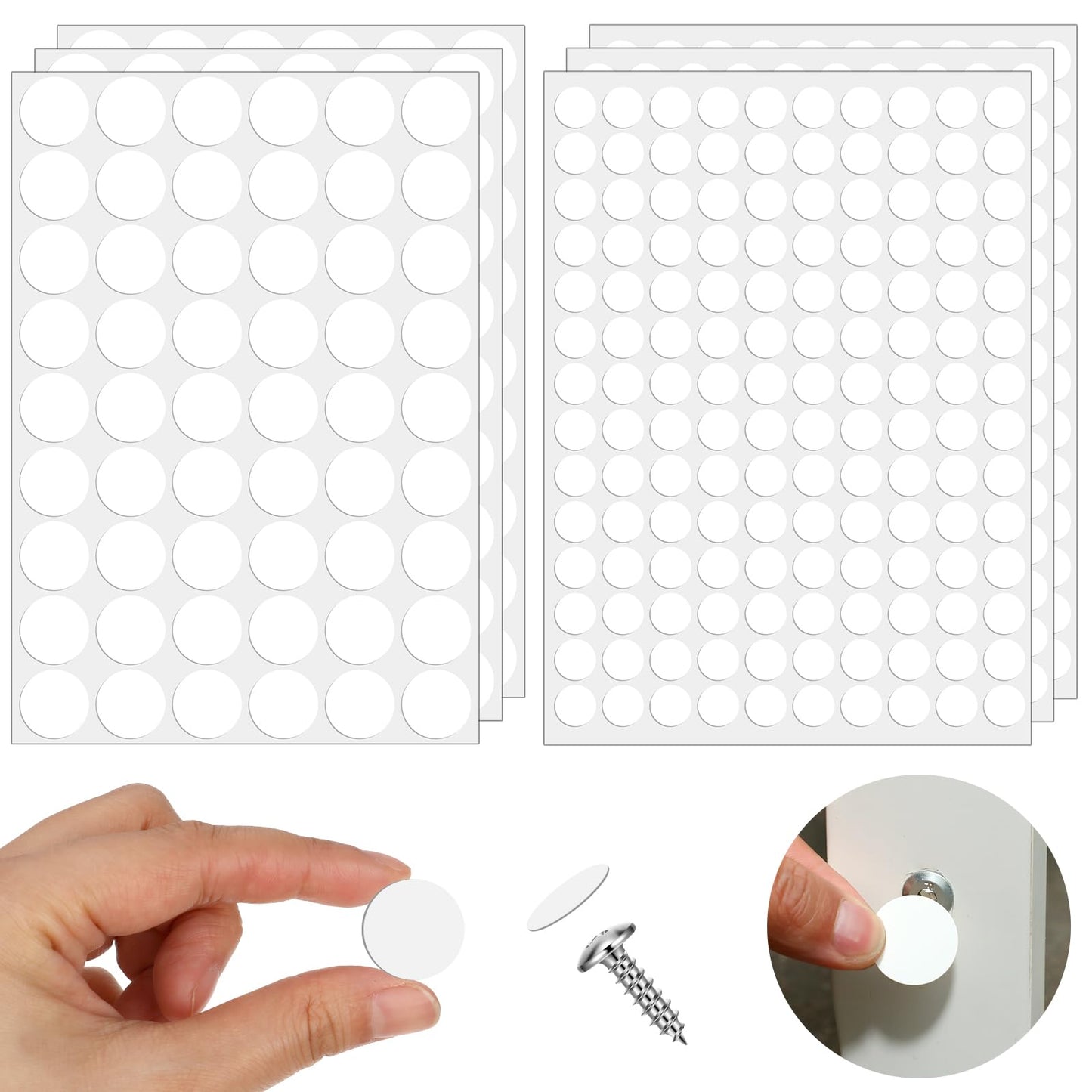Giantree 582 Pcs Self-Adhesive Screw Hole Stickers, White Self-Adhesive Screw Covers Caps Dustproof Sticker Waterproof for Wall Cabinets Bookcase Desk Screws Furniture Repairing 2 Size (0.83" &0.55")