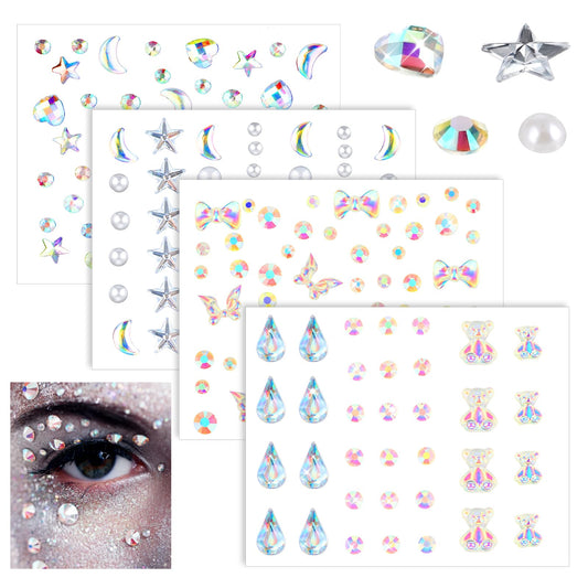 Amaxiu Face Gems Stickers for Makeup, 4 Set Self Adhesive Face Rhinestones Eyes Jewels Stick On Acrylic Gems DIY Craft Decoration Crystals Diamond for Hair Nail Body(A)