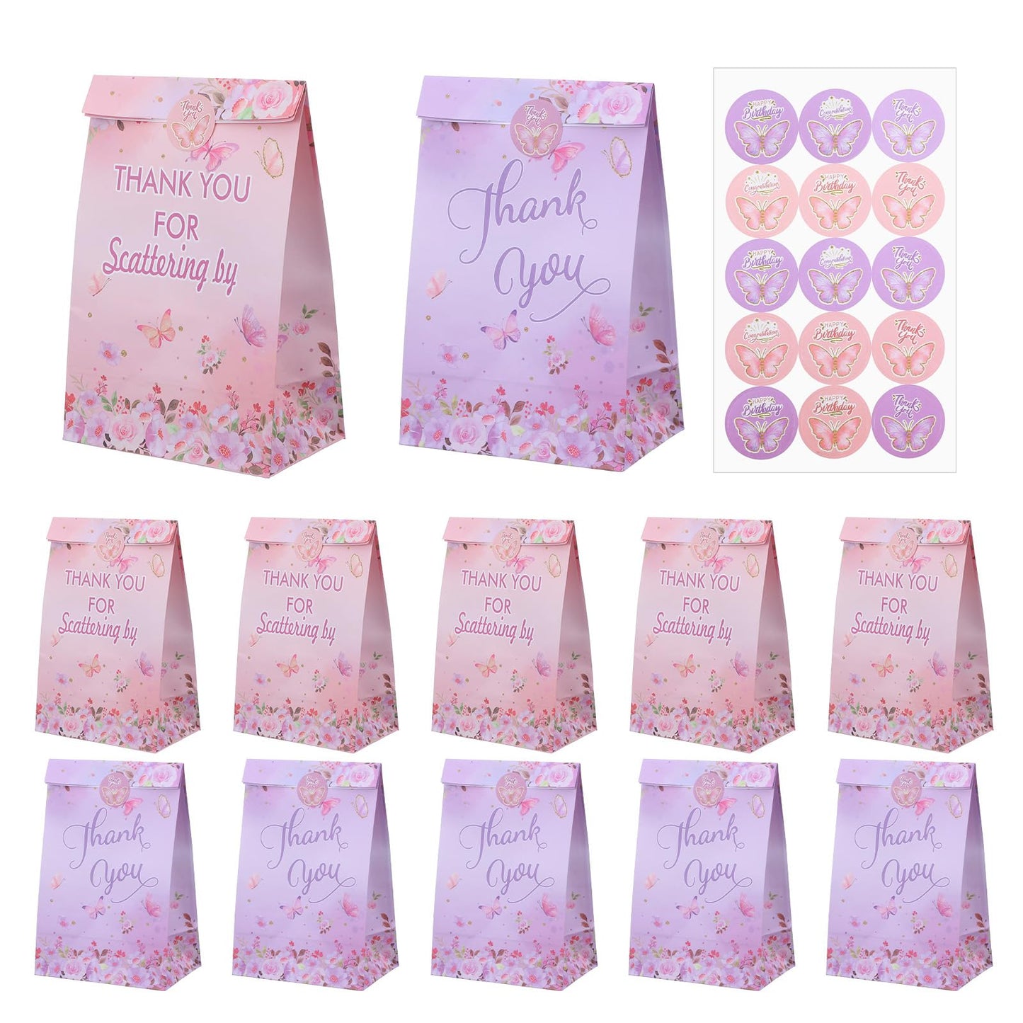 WJIAAA Butterfly Decoration Birthday Set, Party Bags, Children's Birthday Party Bags with Stickers for Children's Birthday Parties Pack of 12