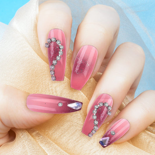 cobee 3D Rhinestone Press on Nails Medium, 24PCS Square Fake Nails Coffin False Nail with Diamond Full Cover Stick on Nails Bling Acrylic Nails for Women and Girls (Heart Rhinestones)