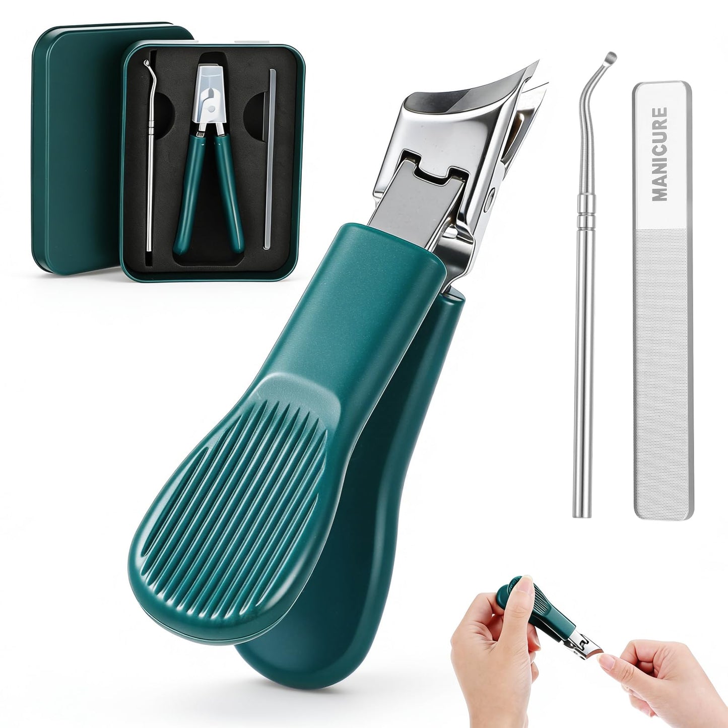Molain Beak Beveled Nail Clippers Set, Wide Jaw Opening Anti-Splash Slanted Nail Clipper for Thick & Ingrown Toenails, Long Handle Professional Nails Clippers for Men Women