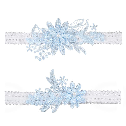 Jeffdad 2 Pieces Bridal Lace Wedding Garter Sexy Bride Pearl Floral Stretch Prom Garter Women Wedding Legs Garter Set(Blue)
