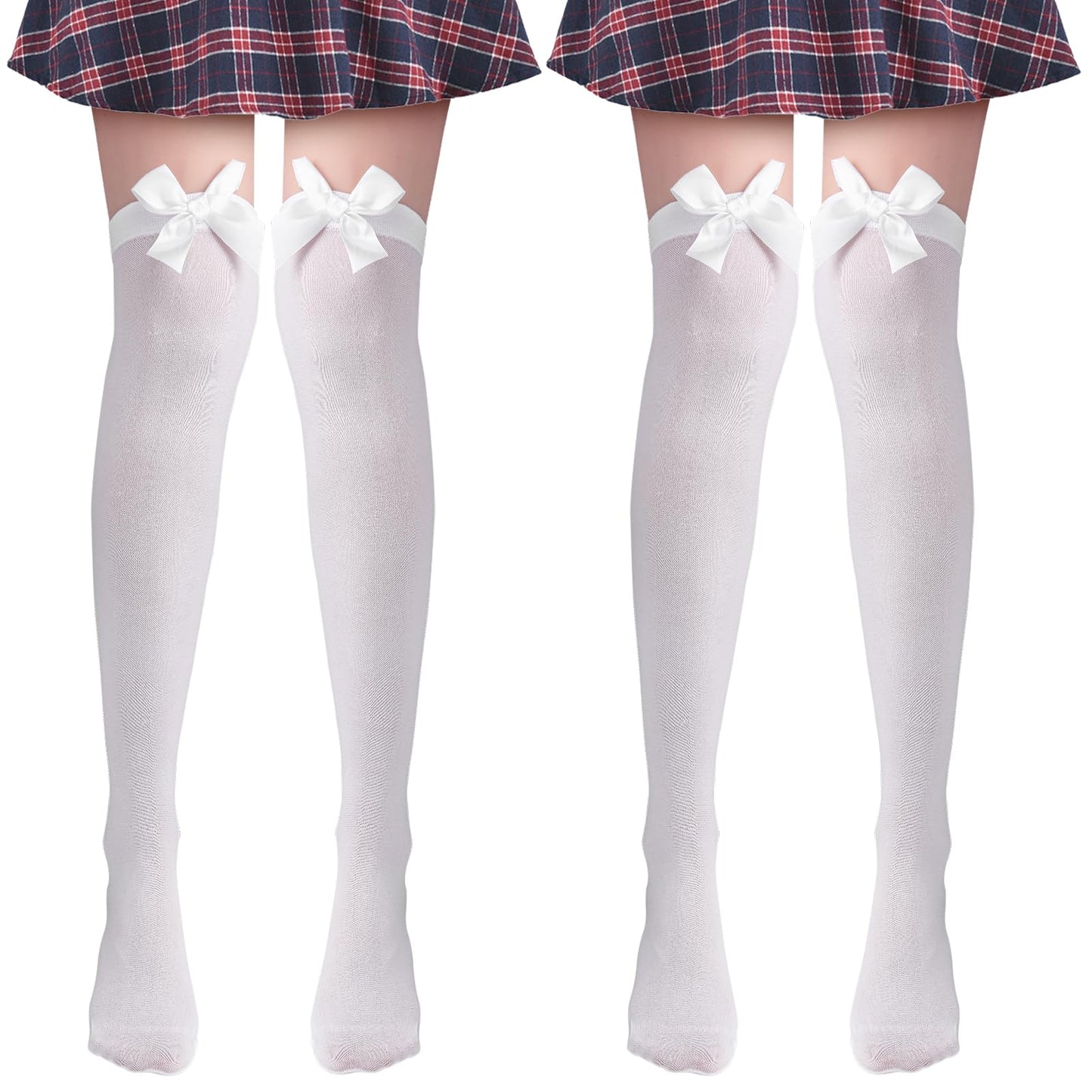 Amaxiu Cute Bow Stockings, 2 Pair Kawaii Over Knee Socks Satin Thigh High Socks Long Stockings for Girls Women Party Favors(White)