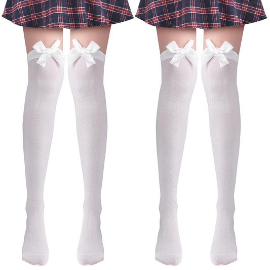 Amaxiu Cute Bow Stockings, 2 Pair Kawaii Over Knee Socks Satin Thigh High Socks Long Stockings for Girls Women Party Favors(White)