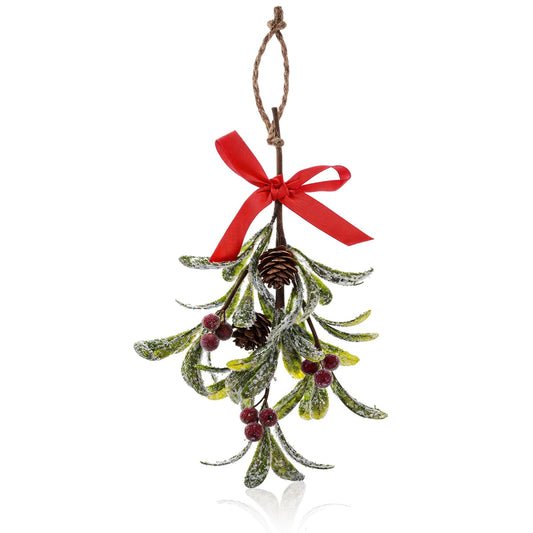 MBAIYO Christmas Mistletoe Decoration with Red Bow, Artificial Mistletoe for Hanging, Pine Cones, Mistletoe Hanging Bouquet, Red Berries, Dry Leaves, Glittering Christmas Tree Accessories