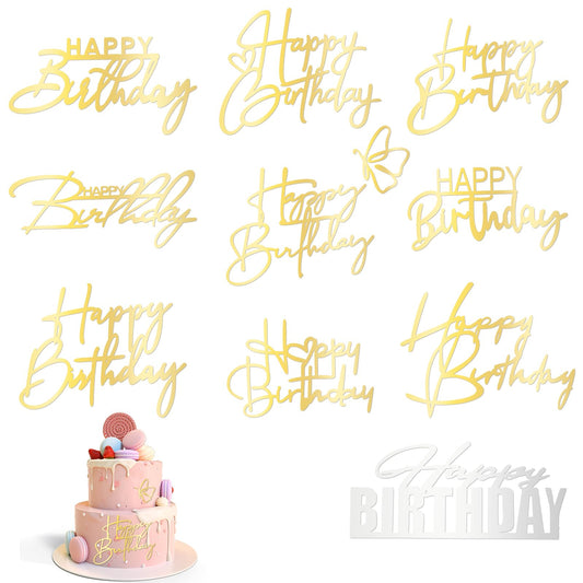 AOZUO Pack of 10 Happy Birthday Cake Decorations, Happy Birthday Cake Toppers Made of Acrylic, Cake Toppers, Gold Cake Decorations, Cake Boards DIY Cake Decoration, Birthday Party Accessories
