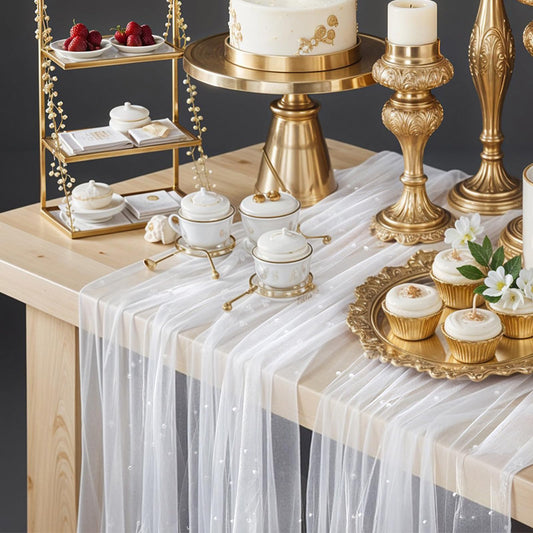 LIQWEI 10 FT White Pearl Table Runner, 30x120 Inch Tulle Fabric Lace Tablecloth Bridal Elegant Veil Arch Decorations for Bridal Shower Birthday Party Wedding Dessert Table Decorations