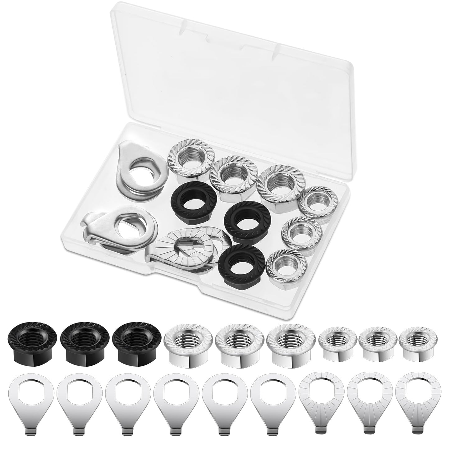 Giantree 12/18 Pcs Bike Nuts and Safety Washers, M8 M9.5 M10 Bicycle Axle Nuts Kit, Mountain Bike Accessories Wheel Retaining Bicycle Hook Hub Parts for Front and Rear Bike Wheel Mountain Road(18pcs)