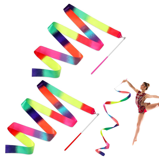 Molain 2 Pcs Dance Ribbons 78.7 Inch Sparkling Gymnastic Ribbons with Twirling Rod Ribbon Sticks Glitter Dancing Streamers Gymnastics Equipment for Talent Shows, Gym, Training, Circus, Dance(Rainbow)