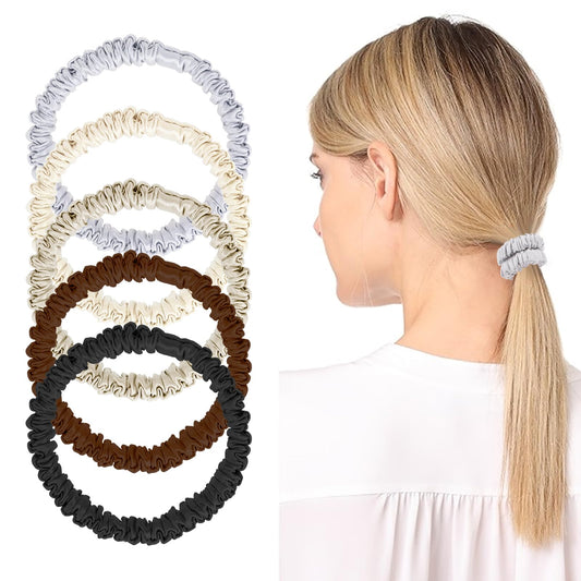 Giantree 5 Pcs Silk Hair Ties, 19 Momme 100% Pure Mulberry Silk Scrunchies, Skinny Scrunchies Silk Ponytail Holders, Thin Skinny Hair Sleep Scrunchies No Damage for Women Girls Hair Sleep