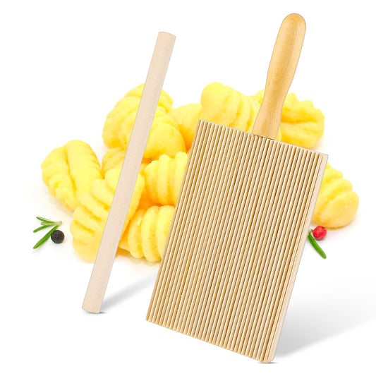 AOZUO Gnocchi Board, Natural Beech Wood Gnocchi Board Paddle with Roller Garganelli Cavatelli Macaroni Pasta Maker Tortellini Cavarola Roller for Italian Gnocchi Pasta Cutlery Gift