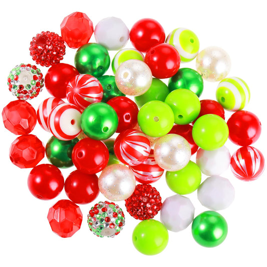 Amaxiu 50 PCS Christmas Bubblegum Beads, 20mm Acrylic Beads Bulk Plastic Beads Kit Rhinestone Opaque Beads with Strings Lobster Clasps for Jewelry Making Necklace Bracelet DIY Craft