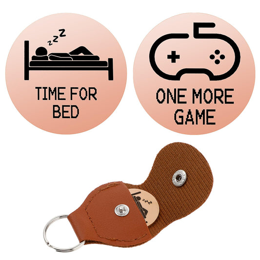Amabro Funny Decision Coin, Double-Sided Decision Maker Destiny Flip Coins Gifts Token with Leather Keyring ONE MORE GAME TIME FOR BED for Games Lover Gamer Boys Girls Birthday Funny Gifts(Gold)