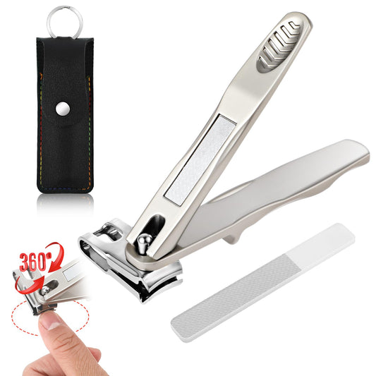 Bewudy 360 Rotation Nail Clippers for Seniors, Stainless Steel Toenail Clippers for Seniors, Long Handled Toenail Clippers for Seniors Thick Toenails, Toe Nail Clippers Set with Files (Sliver)