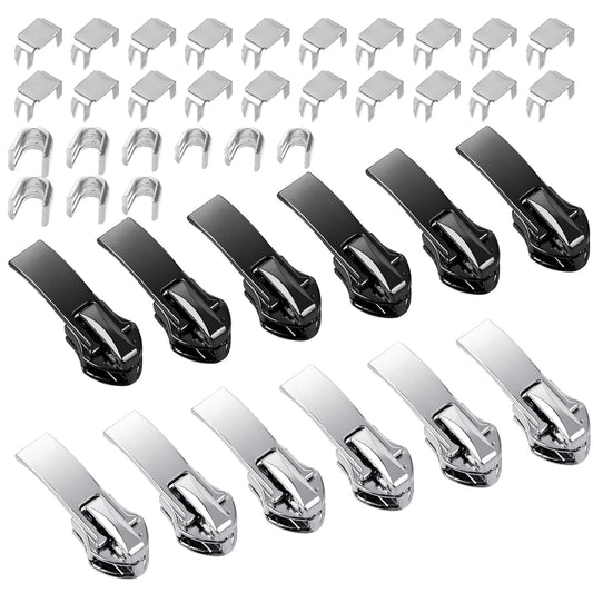Andibro Zipper Repair Kit, 12Pcs Zipper Pulls Replacement Set Removable Nylon Coil Zippers Puller Fixer Zip Sliders Clip Metal Zipper Extension with Bottom Stop&Top Stop for Sewing Craft(Black&Silver)