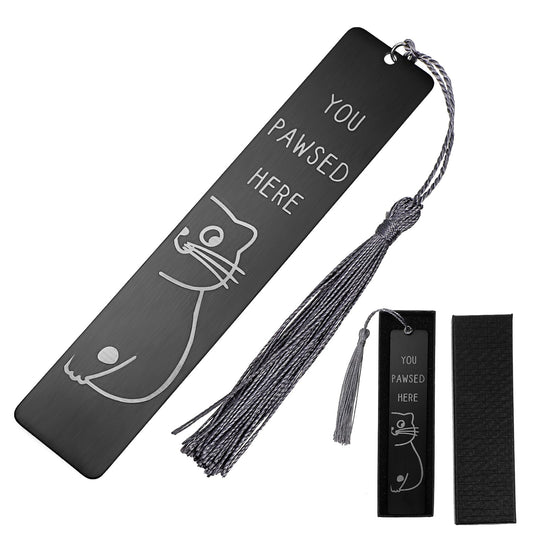 AOZUO Stainless Steel and Metal Bookmark, Cute Cat Pattern, Funny Double Scale Bookmark for Book Lovers, Teachers, Students, Summer Back to School with Pendant, Gift Box (Black)