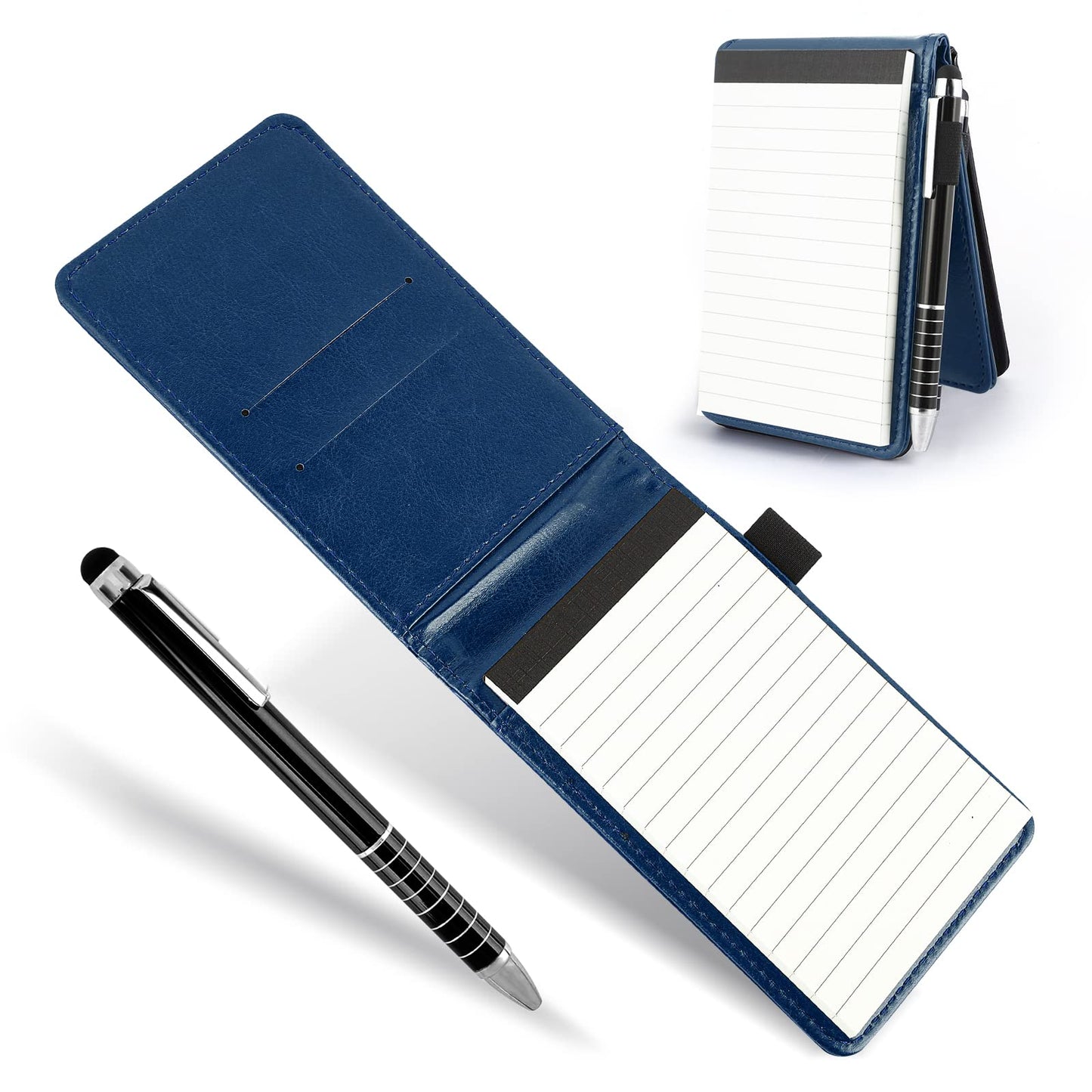 cobee Pocket Notebook Holder with Pen, Mini Leather Notepad Memo Book Small Portable Notebook with Metal Pen for Offices Schools Restaurants (Blue)
