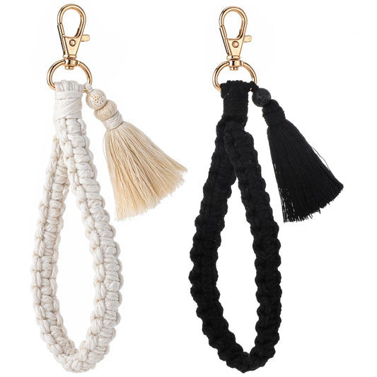 AOZUO Pack of 2 Macrame Keychains Boho Style Braided Bracelet Handmade Tassel Keychain for Women, Black and White, 1