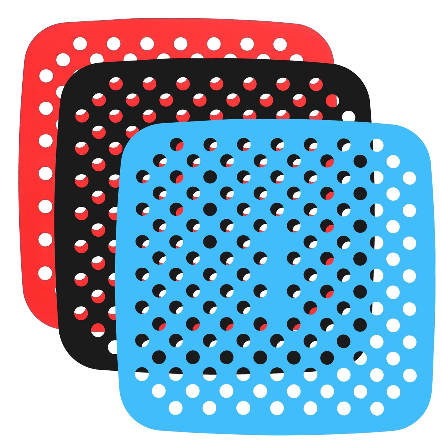 WJIAAA Pack of 3 Silicone Air Fryer Liners, Reusable Silicone Mat Perforated Silicone Baking Paper, Non-Stick Silicone Mats for Hot Air Fryer, 7.48 Inch Baking Paper Replacement Accessories, Black Red