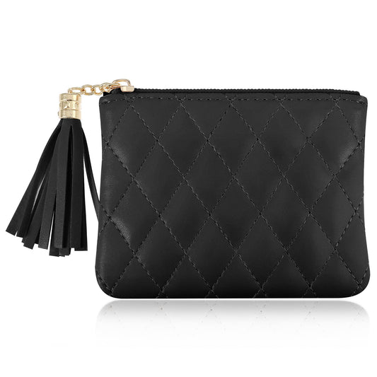 TIESOME Coin Purse with Tassel, Rhombus Embroidery PU Zipper Coin Purse Portable Wallet Short Ladies Coin Purse for Women Coin Pocket Credit Card ID Key Headset Lipstick (Black)