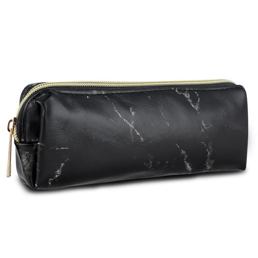 Amaxiu Marble Leather Pen Case, Portable Pencil Bag Slim Stationery Bag Small Pencil Pouch Simple Zipper Cosmetic Bag for Women Men Teachers(Black)