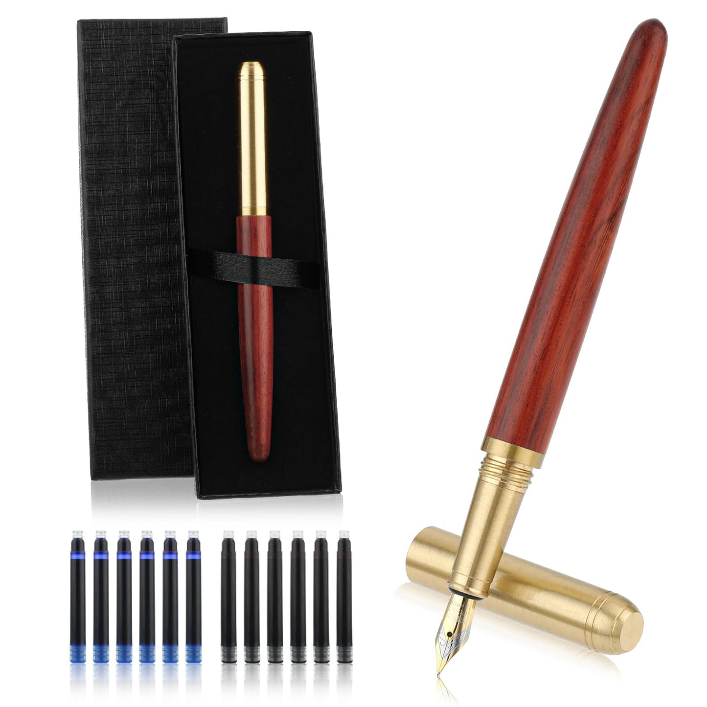 cobee Handcrafted Wooden Fountain Pens Set, Vintage Luxury Wood Fountain Pen 0.5mm Fine Point Smooth Writing Pen With 12 Ink 2.6 mm Cartridges and Gift Box for Journaling Calligraphy Supplies(A)
