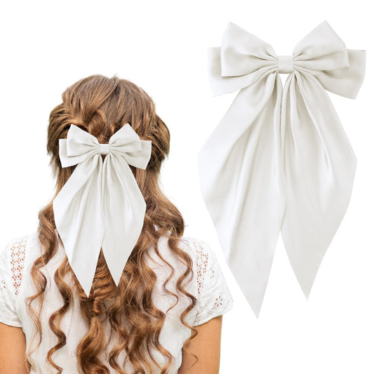Andibro Long Tail French Ribbon Bow Hairpins, Big Bow Barrettes Soft Silky Satin Hair Clips Aesthetic Hairclips Metal Bowknot Clips Bow Hair Dress Up 90's Accessories Decor for Wedding Party(Cream)