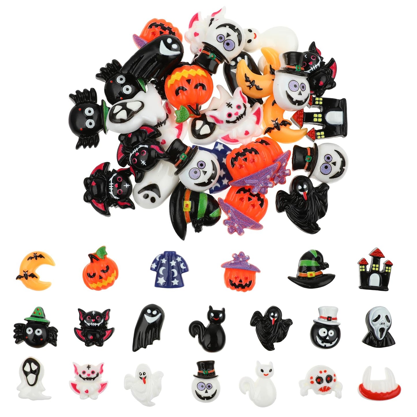 TIESOME Halloween DIY Charms, 50 Pcs Jewelry Making Halloween Pendant Cute Pumpkin Ghost Bat Ornaments Resin Skull Earring Charms for Scrapbook Phone Case Necklace Craft