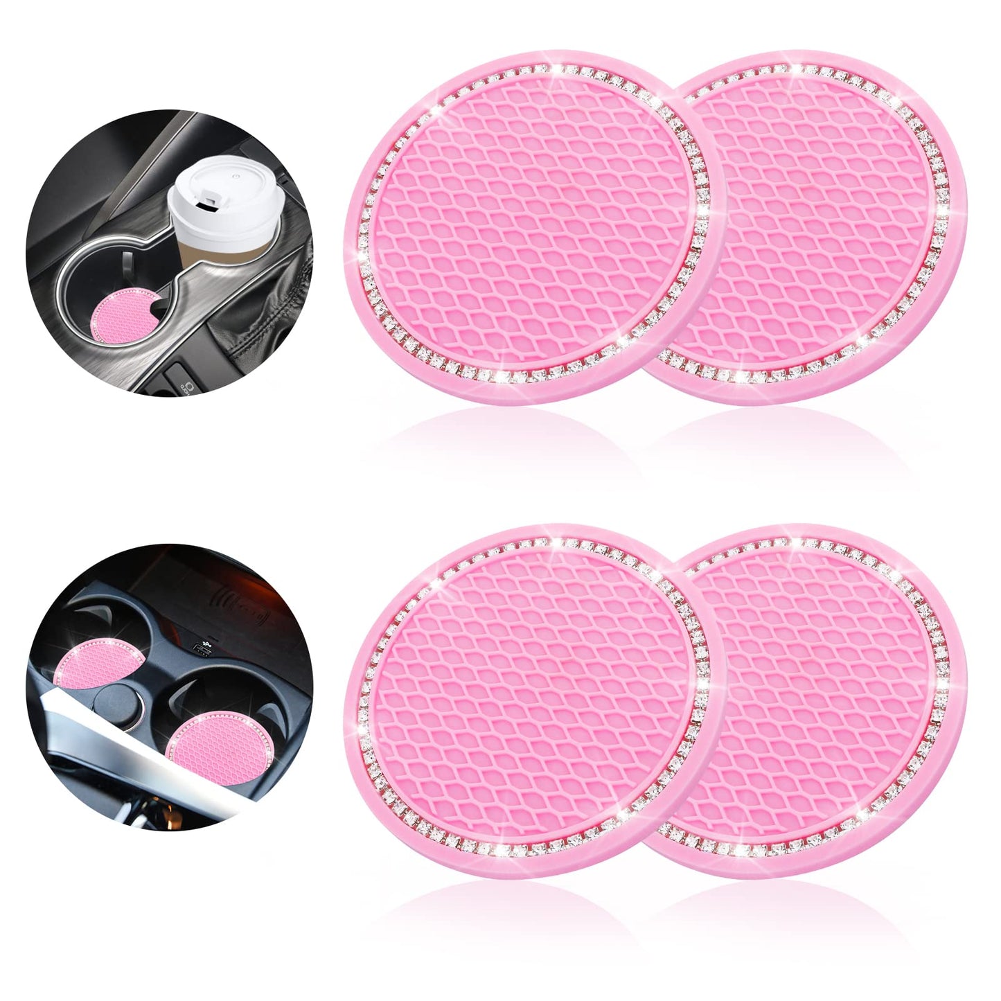 cobee Bling Car Cup Coaster, 4pcs Rhinestone Anti Slip Silicone Car Insert Coaster Popular Car Cup Holder Insert Coaster Crystal Rhinestone Car Coaster Insert Coaster Car Interior Accessories (Pink)