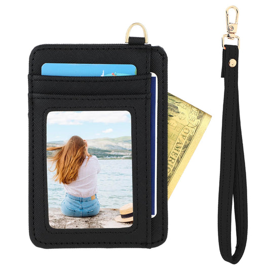 Giantree Slim Minimalist Front Pocket Wallet, Slim Wallet Credit Card Holder with ID Window D-Shackle Keychain Removable Lanyard Strap for Women and Men(Black)