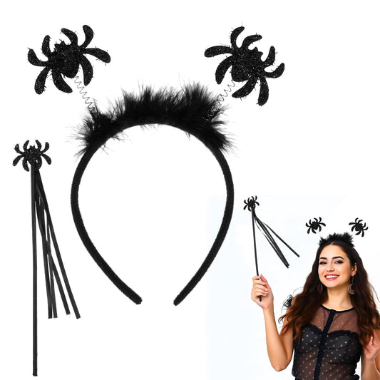 Amabro Halloween Headband, 2Pcs Halloween Hair Accessories Black Bat Wing Headdress with Bat Wand Glitter Confetti Head Bopper Headpiece for Halloween Cosplay Party Costume Masquerade(Spider)