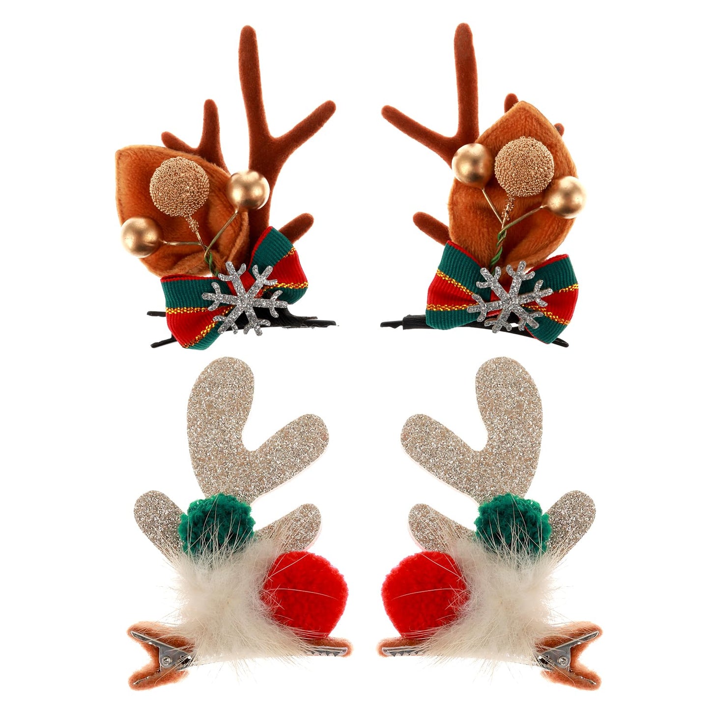 GEEHUA 4 Pcs Christmas Hair Clips, Cute Xmas Hair Accessories, Reindeer Antlers Hair Pins Deer Horns Hairpin Santa Ears Hair Barrettes for Women Girls Kids Adults Holiday Party Favors(Gold)