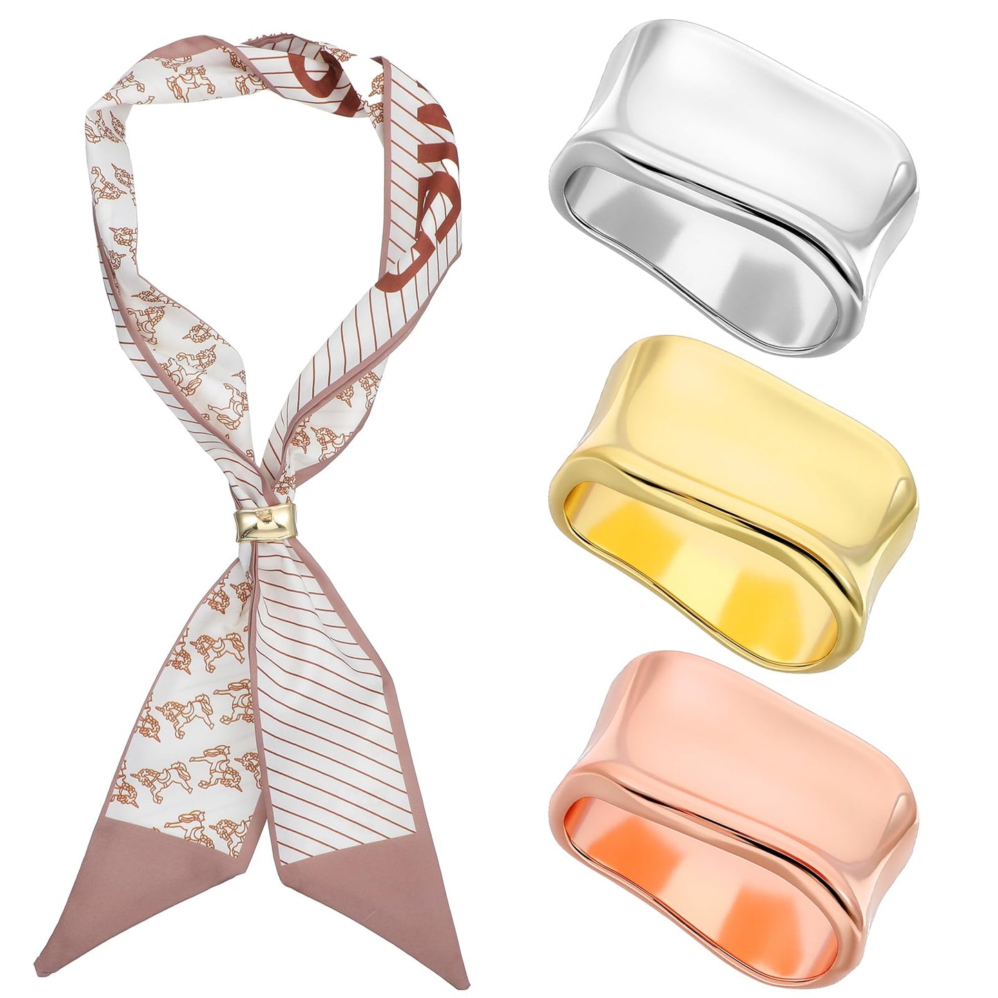 DOPENSPI 3 Pcs Scarf Rings for Women, Silver Golden Metal Scarf Clips Minimalist Geometric Shawl Slide Buckle Brooch Silk Scarves Shawl Clip for Silk Scarves Fashion Accessories