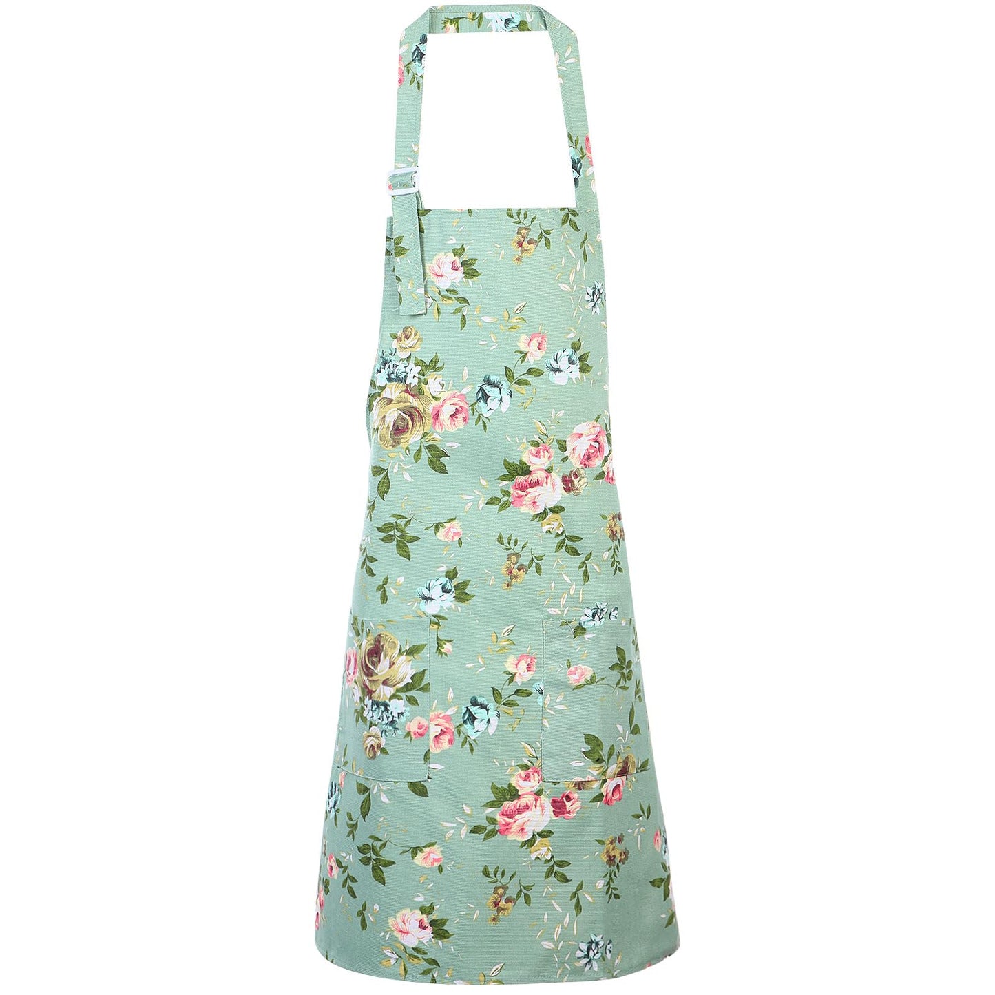 XLIUAX Floral Aprons with 2 Pockets, Adjustable Cotton Chef Apron for Women Kitchen Cooking Baking Gardening Crafts(Green)