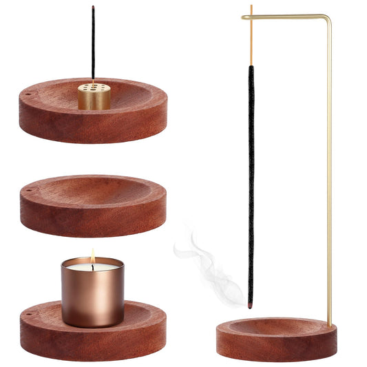 AOZUO 3 in 1 Incense Holder, Incense Stick Holder, Handmade Wooden Upside Down Incense Holders for Sticks Ash Catcher Brass Incense Stick Holder 9-hole Incense Burner for Yoga Meditation Home Office