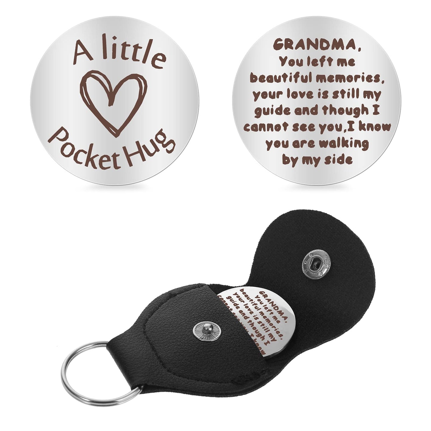 cobee Pocket Hug Tokens, Double-Side Flip Inspirational Coin with Leather Keychain Long Distance Family Relationship Keepsake Thinking of You Gifts Isolation Gifts for Family(For Grandma)