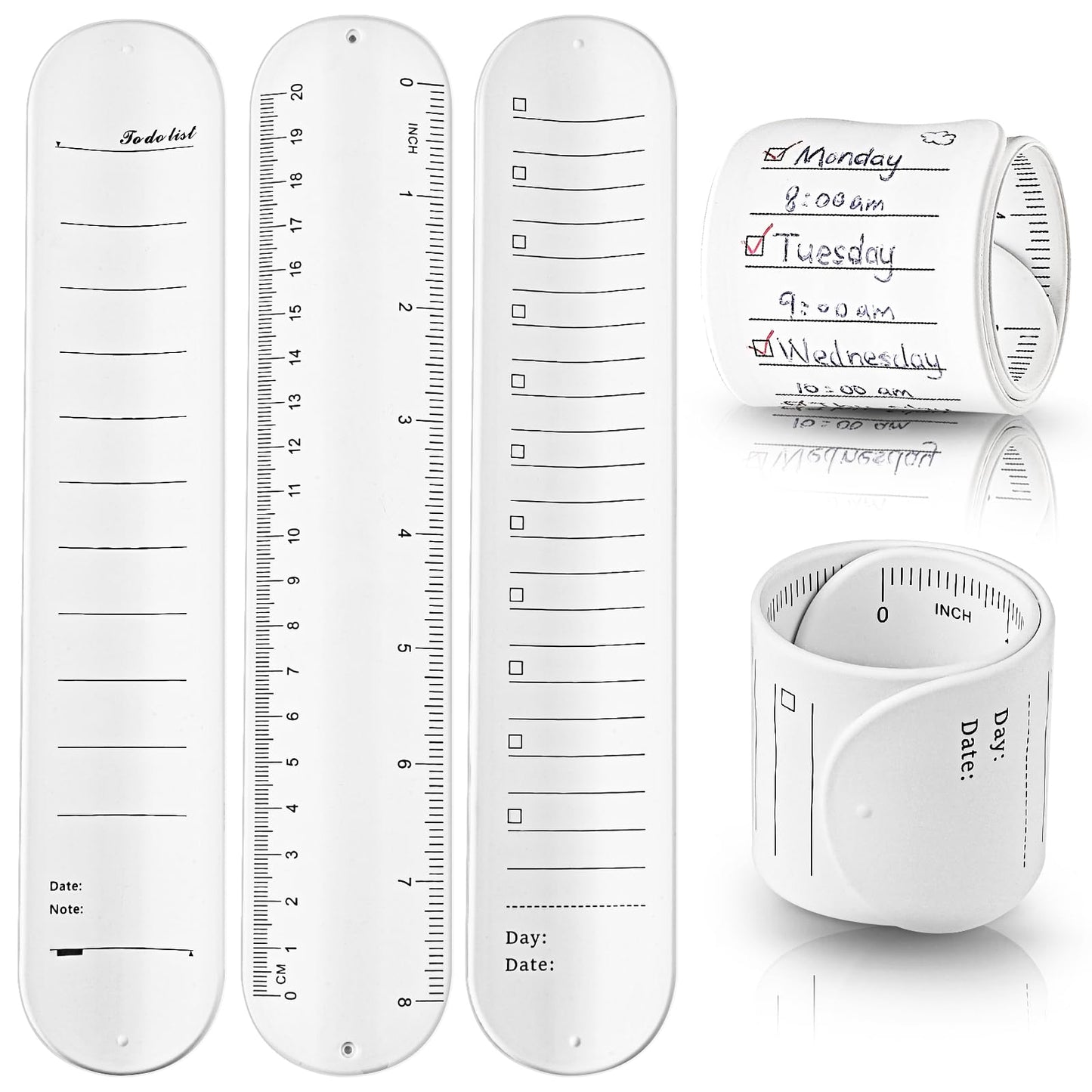 Bewudy 4 Pcs Silicone Memo Wristbands, Wearable Slap Bracelet Memo Notepad with Ruler Scale, Reusable Erasable Note Wristband For Adult Student Teacher Nurse Daily Study Work