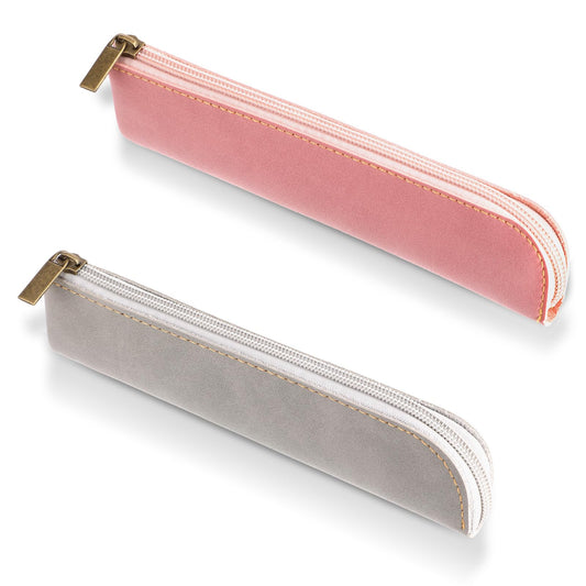 HJZHII 2PCS PU Leather Pencil Case, Grey Pink Thin Soft Pen Bag Skinny Pencil Pouch Slim Pen Bags Lovely Stationery Bag Portable Zippered Pens Cases for Adults Pens Pencils Markers Office Supplies