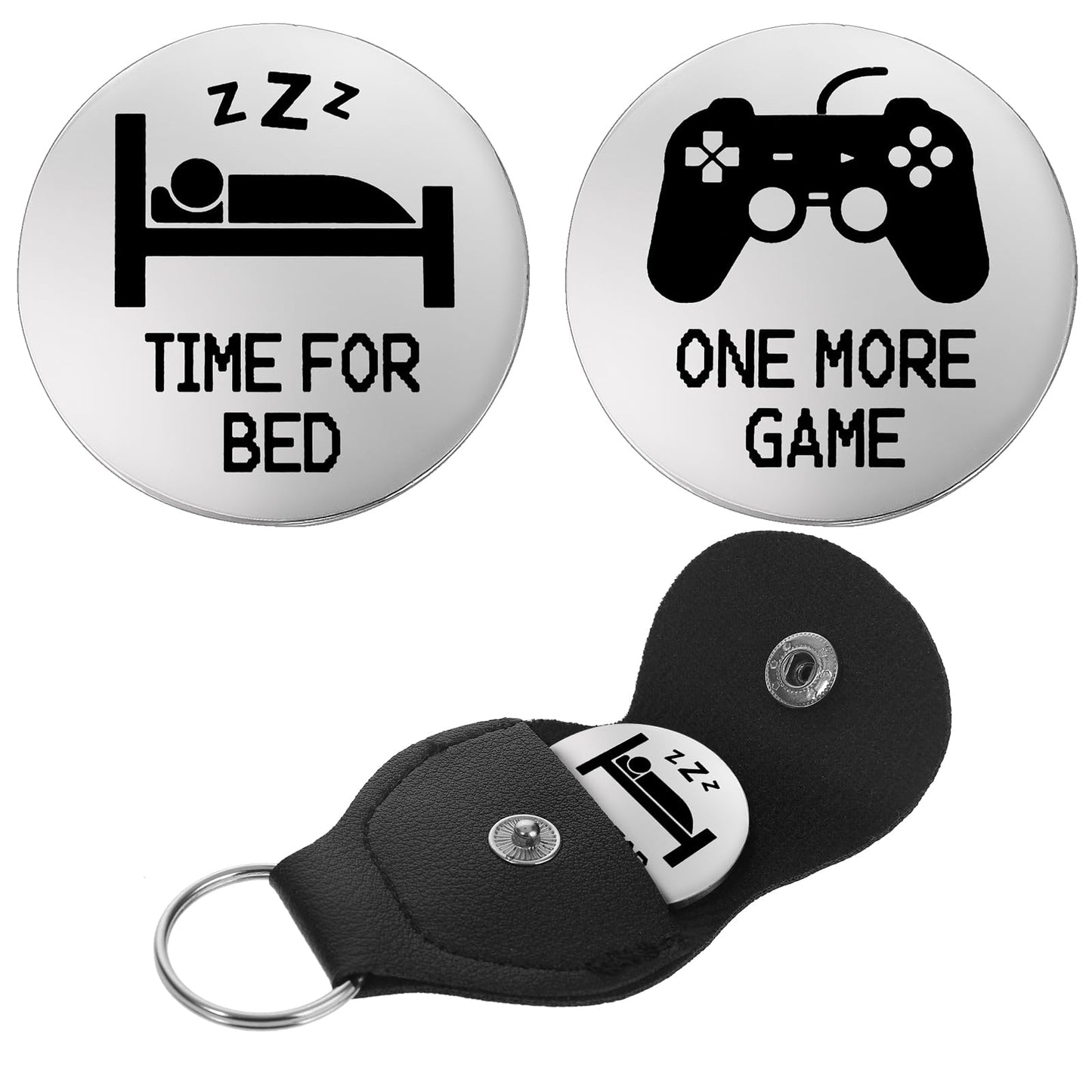 Amaxiu Decision Coins, Funny Decision Maker Coins One More Game/Time for Bed Novelty Destiny Flip Coins Pocket Hug Token Leather Keychain for Game Lovers(Silver)